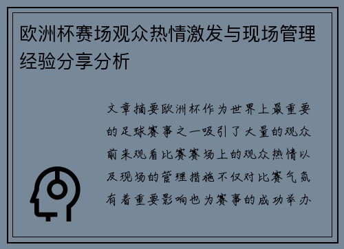 欧洲杯赛场观众热情激发与现场管理经验分享分析