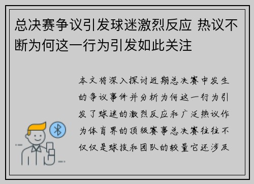 总决赛争议引发球迷激烈反应 热议不断为何这一行为引发如此关注