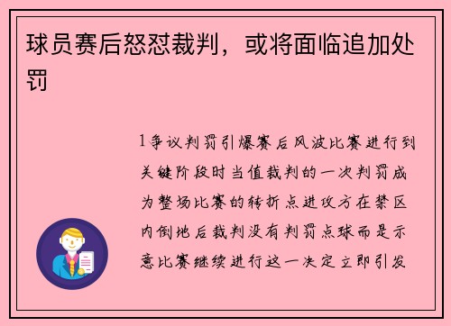 球员赛后怒怼裁判，或将面临追加处罚